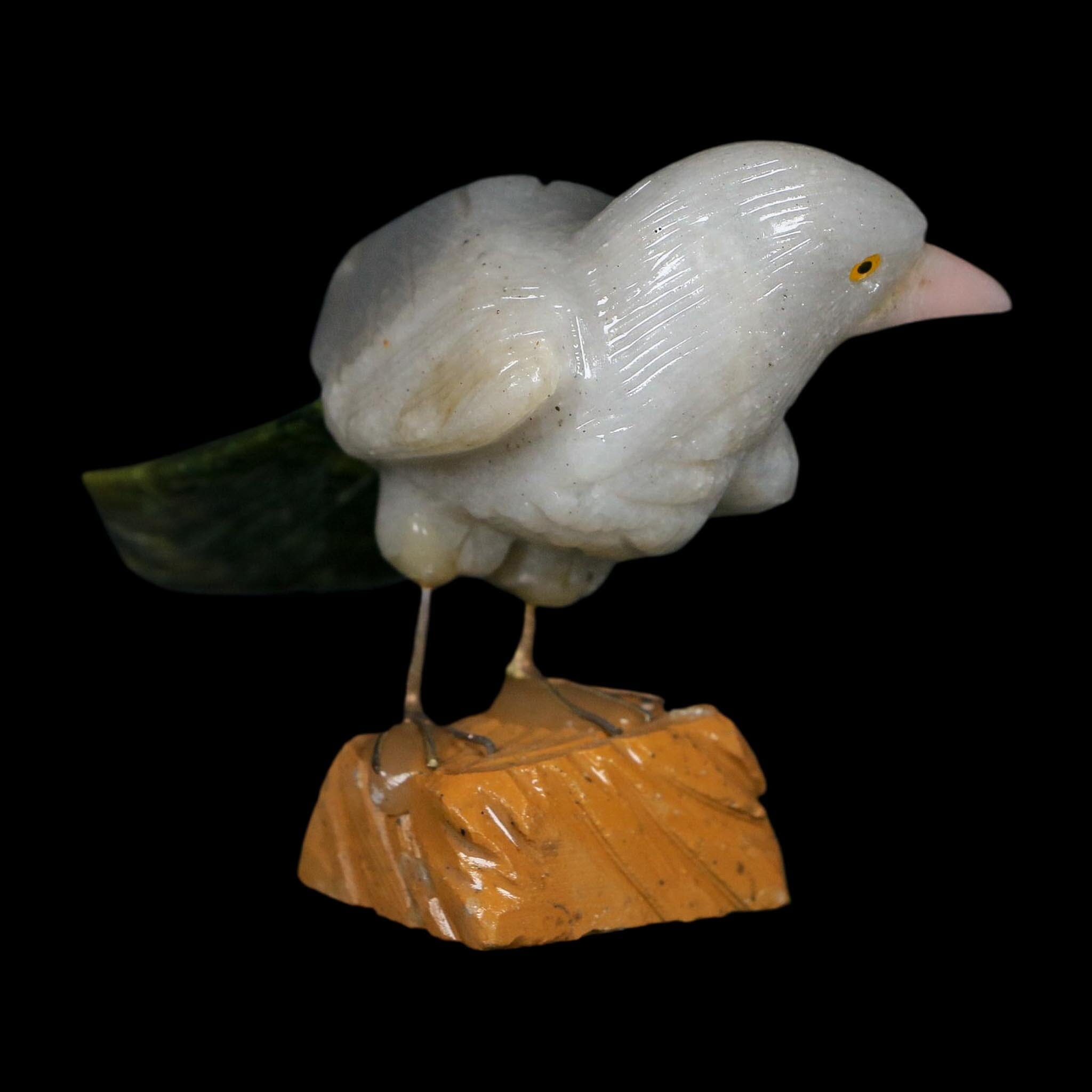 4" Hand Carved Bird Perched on Brown Calcite, White Calcite, Serpentine Peru - Fossil Age Minerals