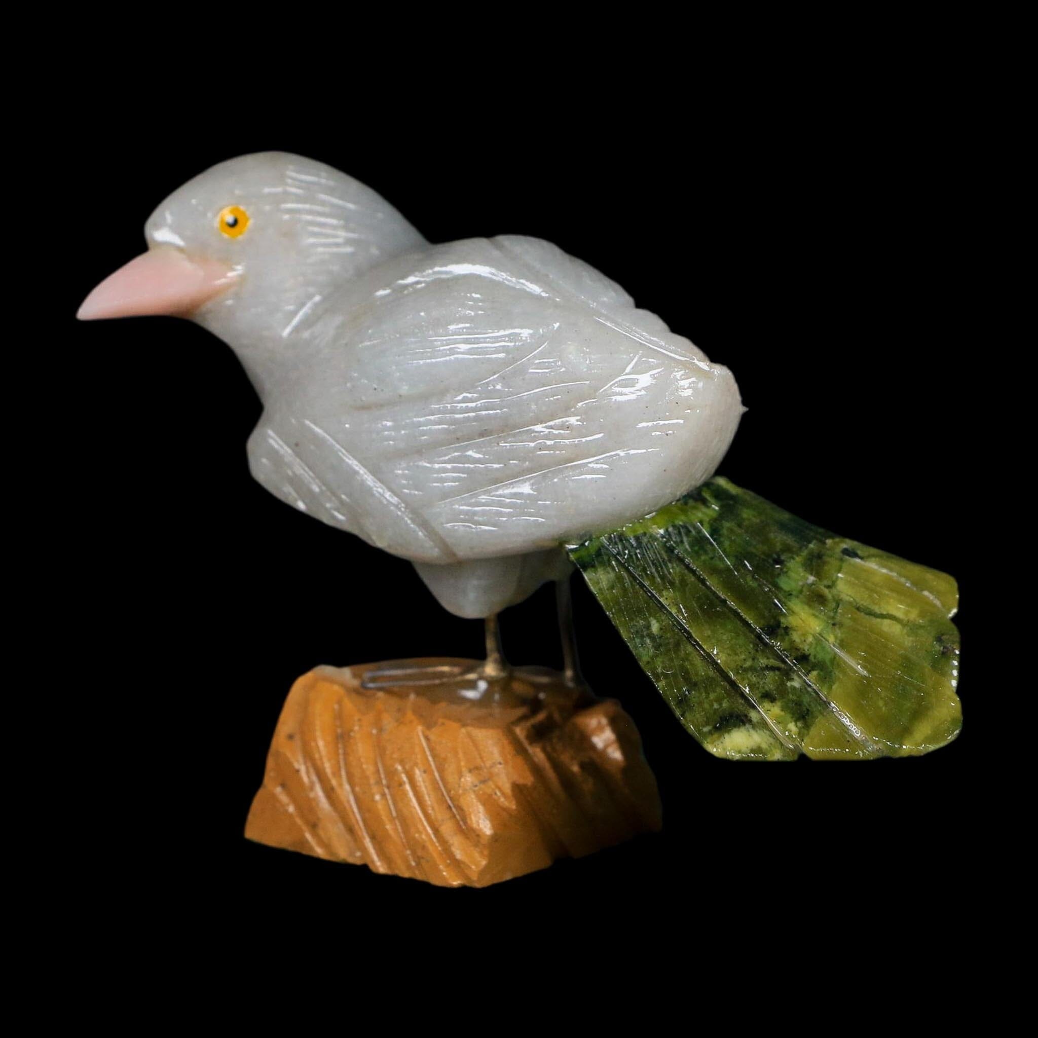 4" Hand Carved Bird Perched on Brown Calcite, White Calcite, Serpentine Peru - Fossil Age Minerals