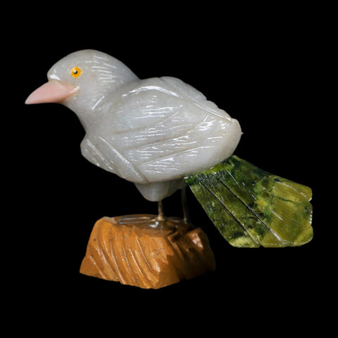 4" Hand Carved Bird Perched on Brown Calcite, White Calcite, Serpentine Peru - Fossil Age Minerals