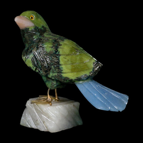 3.9" Hand Carved Bird Perched on White Calcite, Blue Calcite, Serpentine Peru - Fossil Age Minerals
