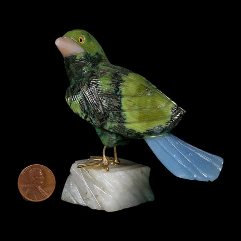3.9" Hand Carved Bird Perched on White Calcite, Blue Calcite, Serpentine Peru - Fossil Age Minerals