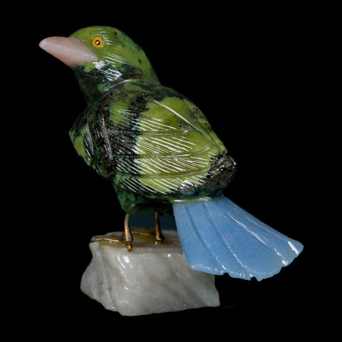 3.9" Hand Carved Bird Perched on White Calcite, Blue Calcite, Serpentine Peru - Fossil Age Minerals