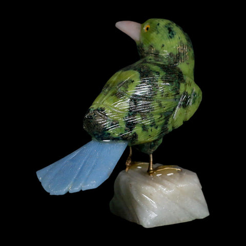 3.9" Hand Carved Bird Perched on White Calcite, Blue Calcite, Serpentine Peru - Fossil Age Minerals