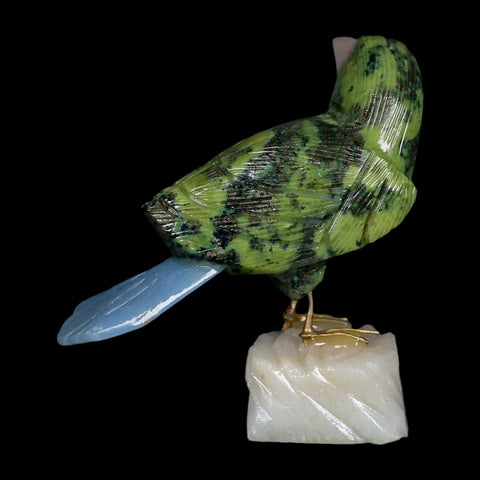 3.9" Hand Carved Bird Perched on White Calcite, Blue Calcite, Serpentine Peru - Fossil Age Minerals