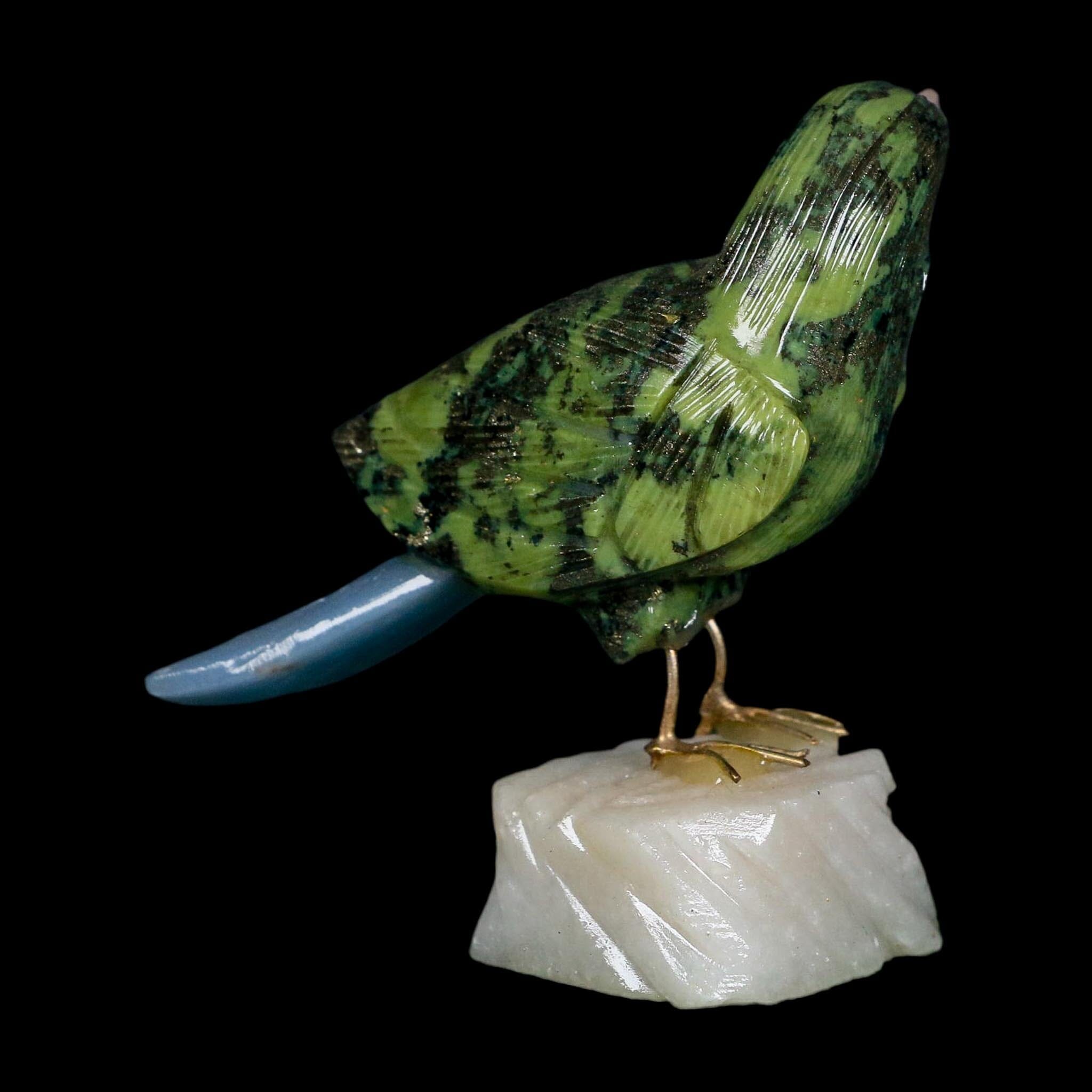 3.9" Hand Carved Bird Perched on White Calcite, Blue Calcite, Serpentine Peru - Fossil Age Minerals