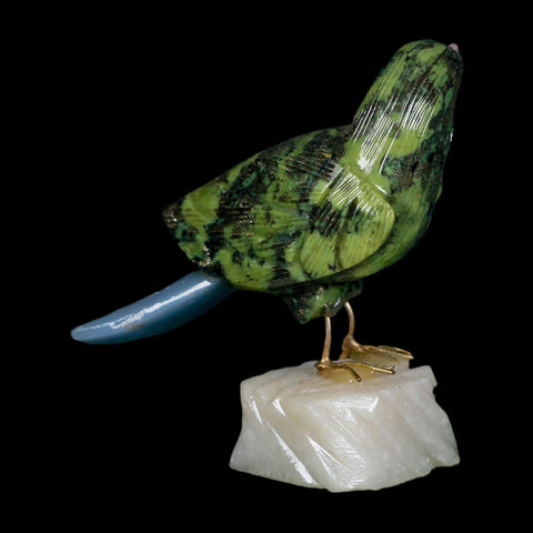 3.9" Hand Carved Bird Perched on White Calcite, Blue Calcite, Serpentine Peru - Fossil Age Minerals