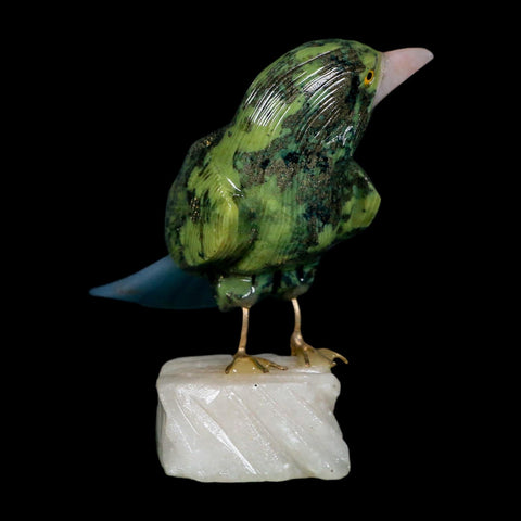 3.9" Hand Carved Bird Perched on White Calcite, Blue Calcite, Serpentine Peru - Fossil Age Minerals
