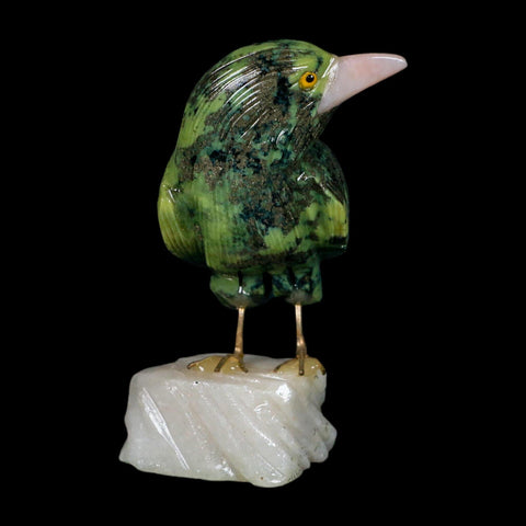 3.9" Hand Carved Bird Perched on White Calcite, Blue Calcite, Serpentine Peru - Fossil Age Minerals