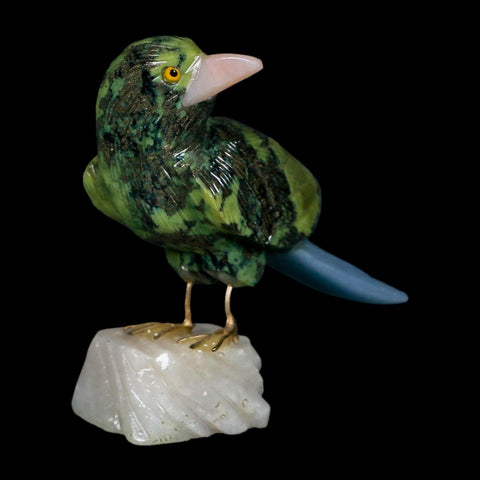 3.9" Hand Carved Bird Perched on White Calcite, Blue Calcite, Serpentine Peru - Fossil Age Minerals