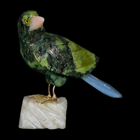 3.9" Hand Carved Bird Perched on White Calcite, Blue Calcite, Serpentine Peru - Fossil Age Minerals