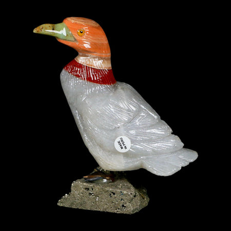 3.6" Hand Carved Duck Perched on Pyrite, White Calcite, And Red Calcite Peru