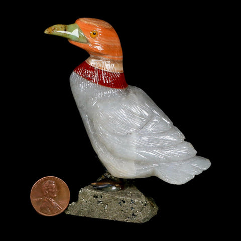 3.6" Hand Carved Duck Perched on Pyrite, White Calcite, And Red Calcite Peru - Fossil Age Minerals