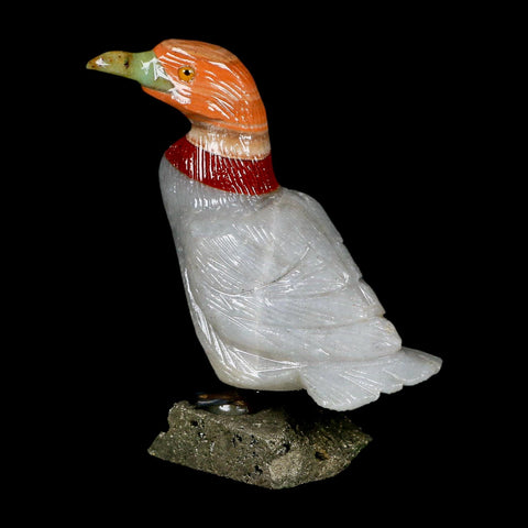 3.6" Hand Carved Duck Perched on Pyrite, White Calcite, And Red Calcite Peru - Fossil Age Minerals
