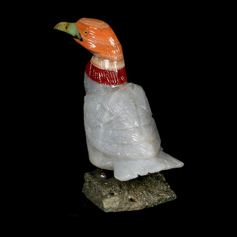 3.6" Hand Carved Duck Perched on Pyrite, White Calcite, And Red Calcite Peru - Fossil Age Minerals
