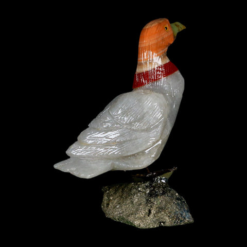 3.6" Hand Carved Duck Perched on Pyrite, White Calcite, And Red Calcite Peru - Fossil Age Minerals
