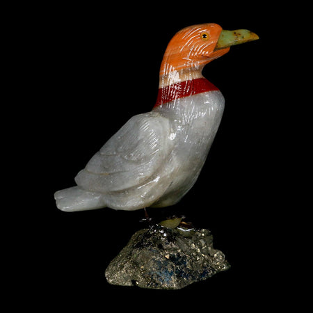 3.6" Hand Carved Duck Perched on Pyrite, White Calcite, And Red Calcite Peru