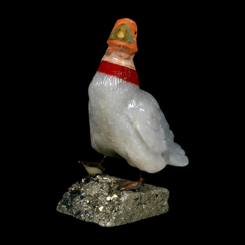 3.6" Hand Carved Duck Perched on Pyrite, White Calcite, And Red Calcite Peru - Fossil Age Minerals