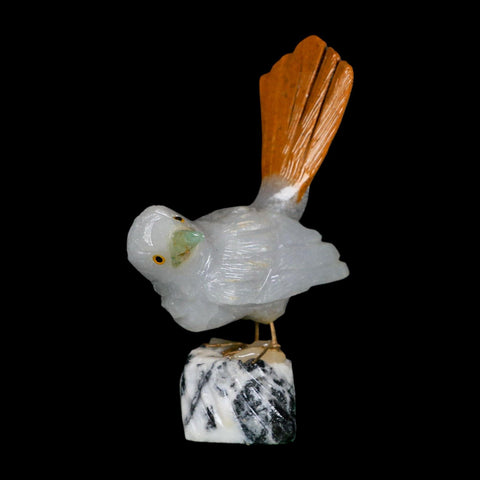 4" Hand Carved Bird Perched on Black White Calcite, Brown Calcite, White Calcite Peru - Fossil Age Minerals