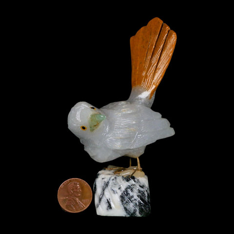 4" Hand Carved Bird Perched on Black White Calcite, Brown Calcite, White Calcite Peru - Fossil Age Minerals