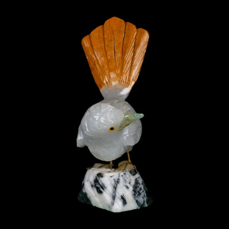 4" Hand Carved Bird Perched on Black White Calcite, Brown Calcite, White Calcite Peru