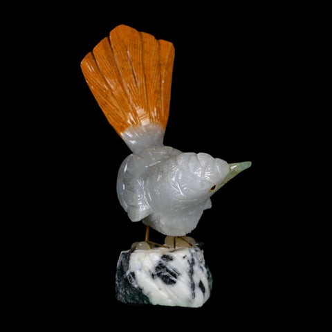 4" Hand Carved Bird Perched on Black White Calcite, Brown Calcite, White Calcite Peru - Fossil Age Minerals