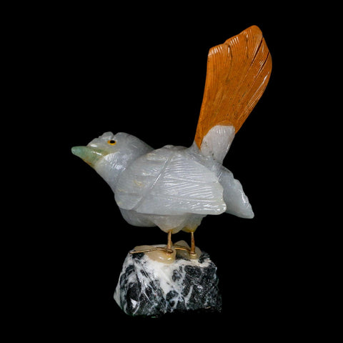 4" Hand Carved Bird Perched on Black White Calcite, Brown Calcite, White Calcite Peru - Fossil Age Minerals