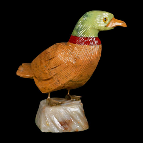 3.3" Hand Carved Duck Perched on Brown Calcite, Red Calcite, And Serpentine Peru - Fossil Age Minerals