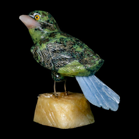 3.8" Hand Carved Bird Perched on Yellow Calcite, Blue Calcite, Serpentine Peru