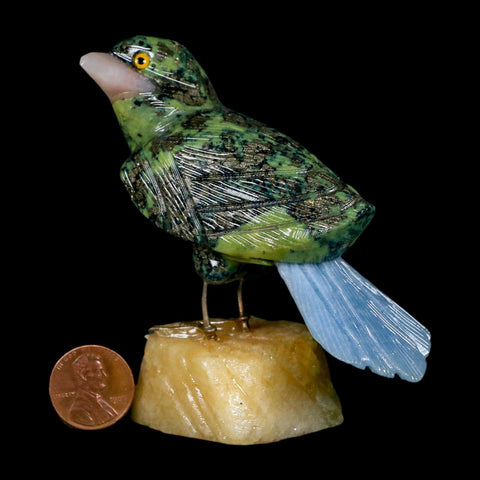 3.8" Hand Carved Bird Perched on Yellow Calcite, Blue Calcite, Serpentine Peru - Fossil Age Minerals