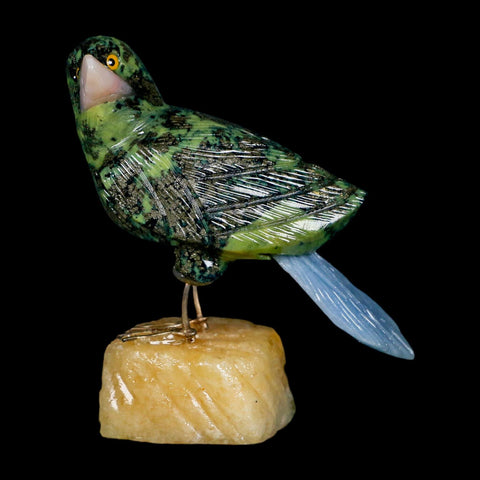3.8" Hand Carved Bird Perched on Yellow Calcite, Blue Calcite, Serpentine Peru - Fossil Age Minerals