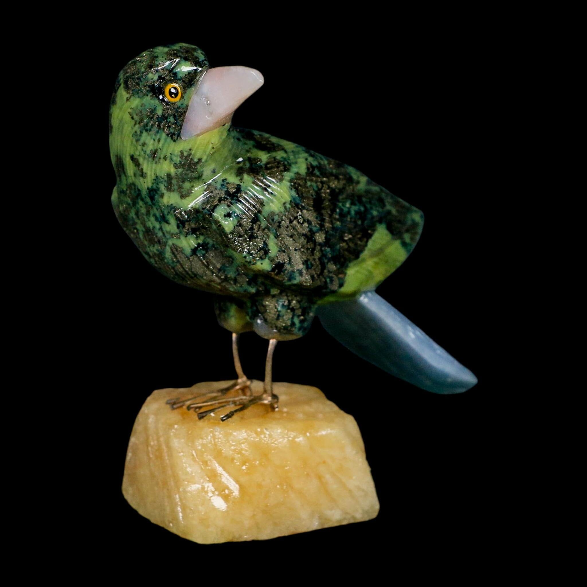 3.8" Hand Carved Bird Perched on Yellow Calcite, Blue Calcite, Serpentine Peru - Fossil Age Minerals