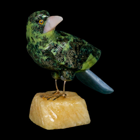 3.8" Hand Carved Bird Perched on Yellow Calcite, Blue Calcite, Serpentine Peru - Fossil Age Minerals
