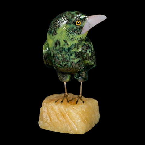 3.8" Hand Carved Bird Perched on Yellow Calcite, Blue Calcite, Serpentine Peru - Fossil Age Minerals
