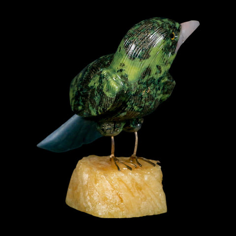 3.8" Hand Carved Bird Perched on Yellow Calcite, Blue Calcite, Serpentine Peru - Fossil Age Minerals
