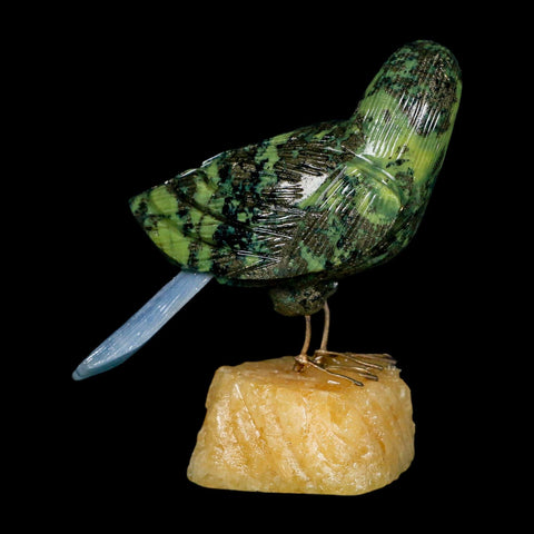 3.8" Hand Carved Bird Perched on Yellow Calcite, Blue Calcite, Serpentine Peru - Fossil Age Minerals