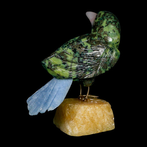 3.8" Hand Carved Bird Perched on Yellow Calcite, Blue Calcite, Serpentine Peru - Fossil Age Minerals