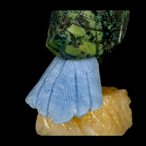 3.8" Hand Carved Bird Perched on Yellow Calcite, Blue Calcite, Serpentine Peru - Fossil Age Minerals