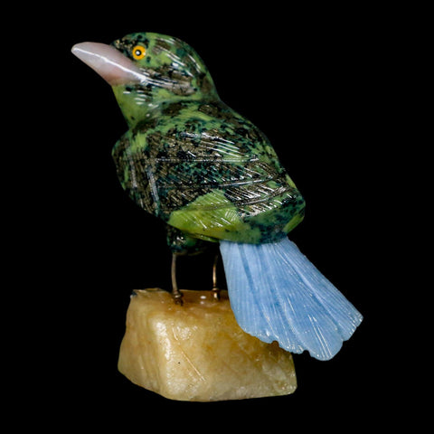 3.8" Hand Carved Bird Perched on Yellow Calcite, Blue Calcite, Serpentine Peru - Fossil Age Minerals