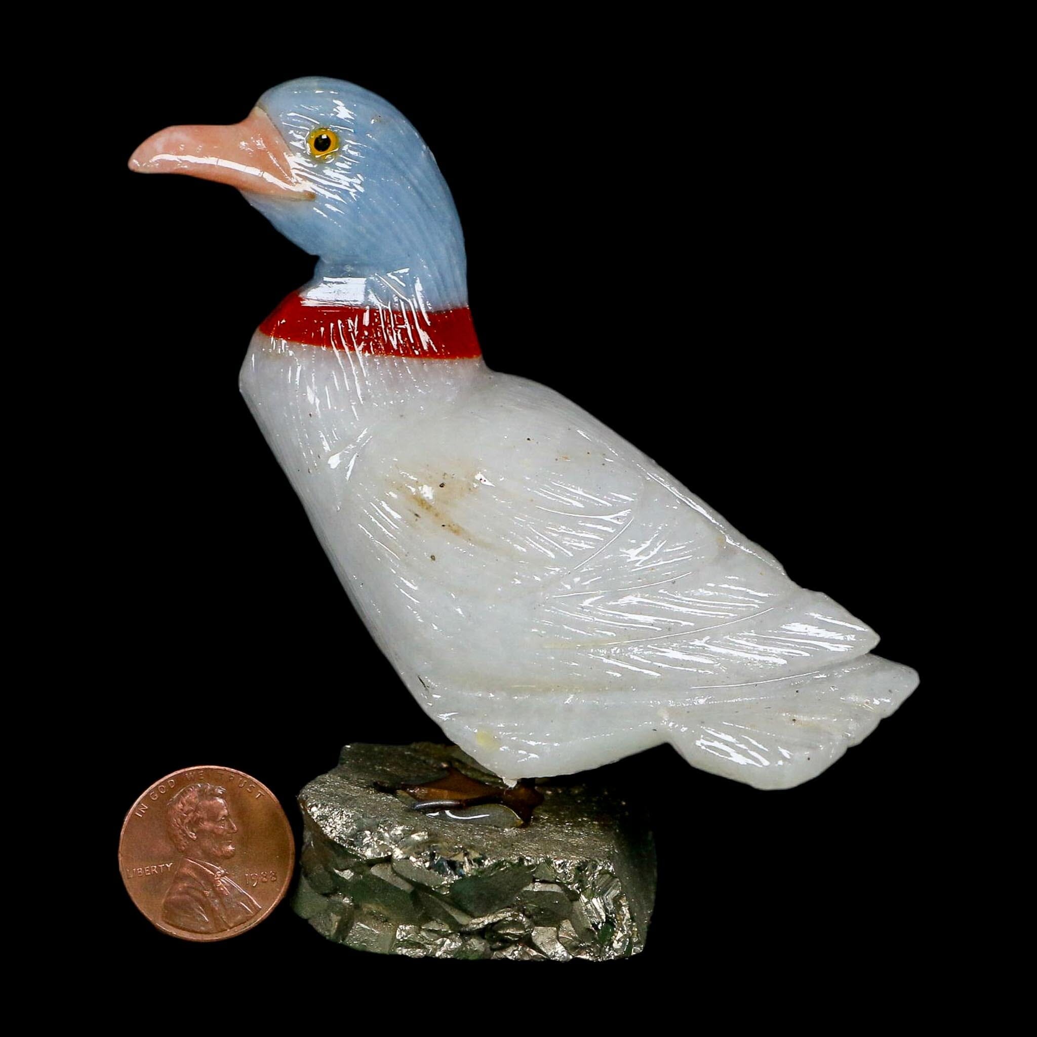 3.8" Hand Carved Duck Perched on Pyrite, Red Calcite, And Blue Calcite Peru - Fossil Age Minerals