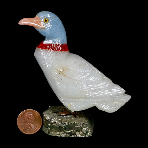3.8" Hand Carved Duck Perched on Pyrite, Red Calcite, And Blue Calcite Peru - Fossil Age Minerals