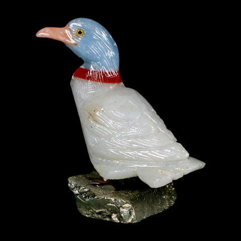 3.8" Hand Carved Duck Perched on Pyrite, Red Calcite, And Blue Calcite Peru - Fossil Age Minerals