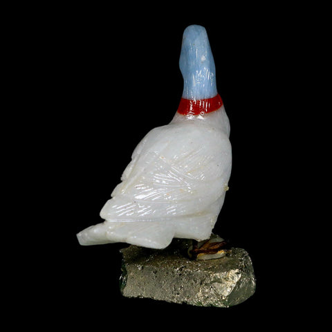 3.8" Hand Carved Duck Perched on Pyrite, Red Calcite, And Blue Calcite Peru - Fossil Age Minerals