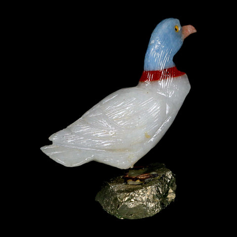 3.8" Hand Carved Duck Perched on Pyrite, Red Calcite, And Blue Calcite Peru - Fossil Age Minerals
