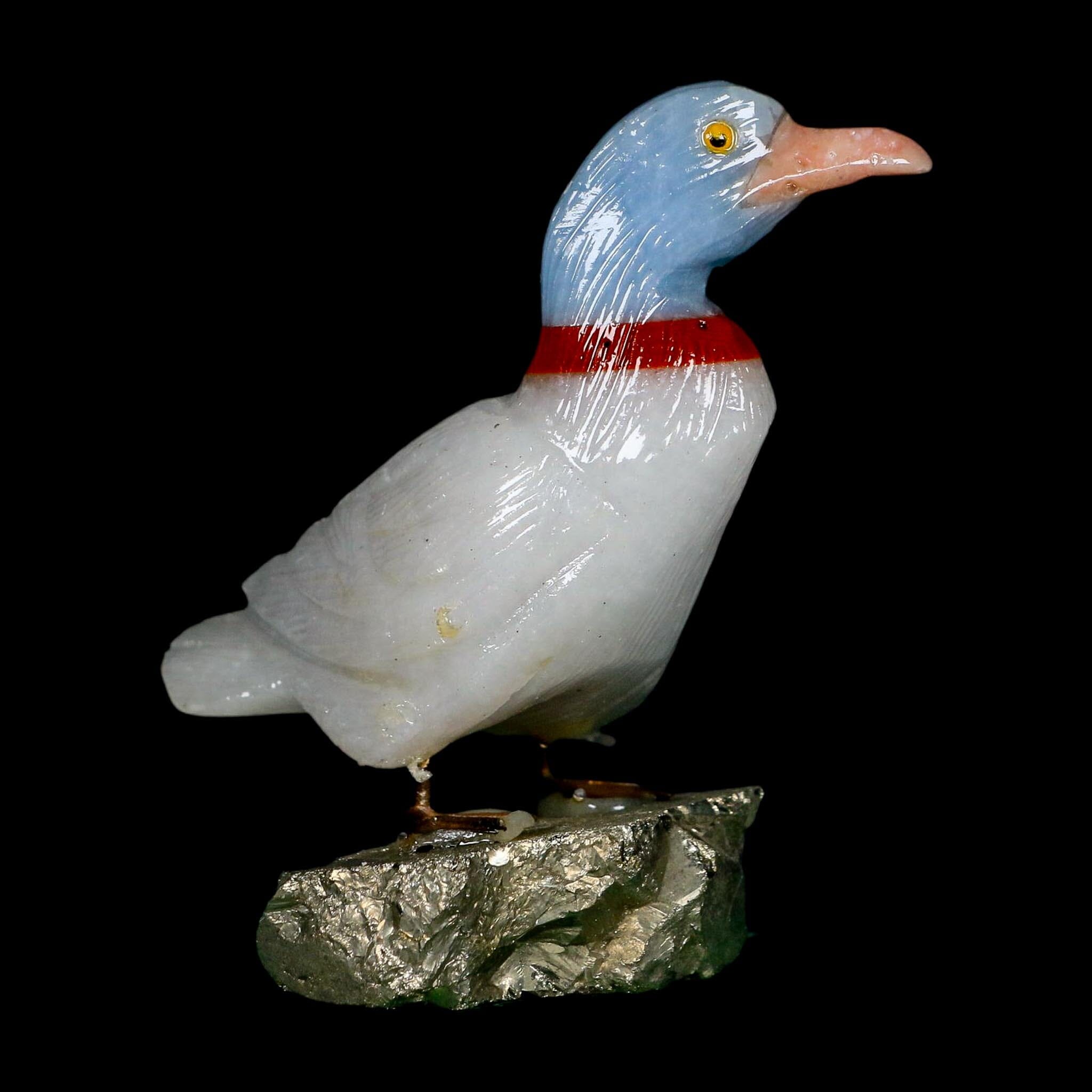 3.8" Hand Carved Duck Perched on Pyrite, Red Calcite, And Blue Calcite Peru - Fossil Age Minerals