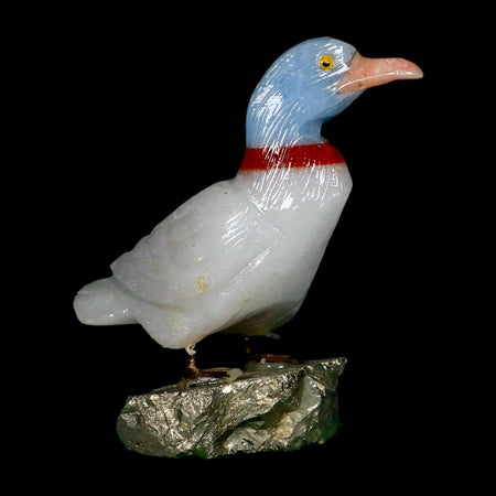 3.8" Hand Carved Duck Perched on Pyrite, Red Calcite, And Blue Calcite Peru