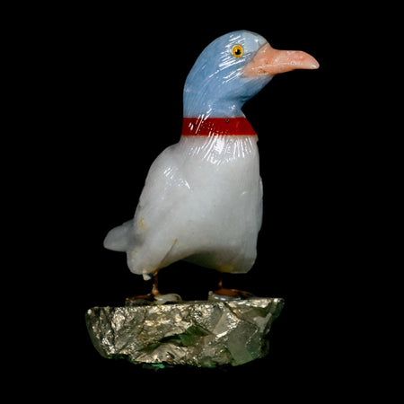 3.8" Hand Carved Duck Perched on Pyrite, Red Calcite, And Blue Calcite Peru