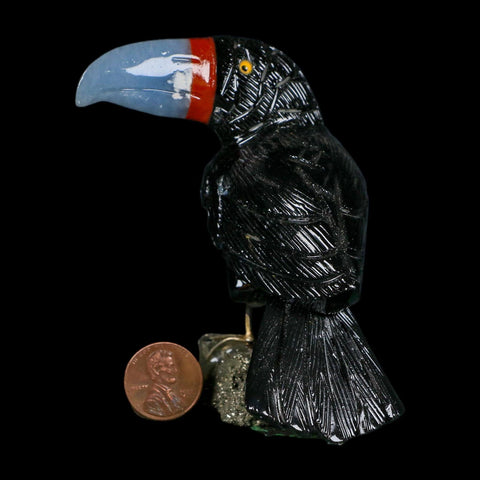 4.9" Hand Carved Tucan Perched on Pyrite, Back Calcite, And Blue Calcite Peru - Fossil Age Minerals