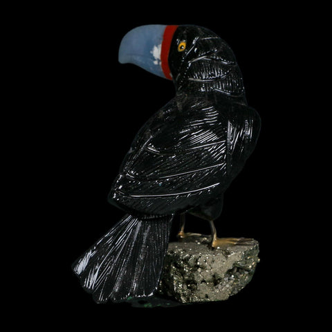4.9" Hand Carved Tucan Perched on Pyrite, Back Calcite, And Blue Calcite Peru - Fossil Age Minerals
