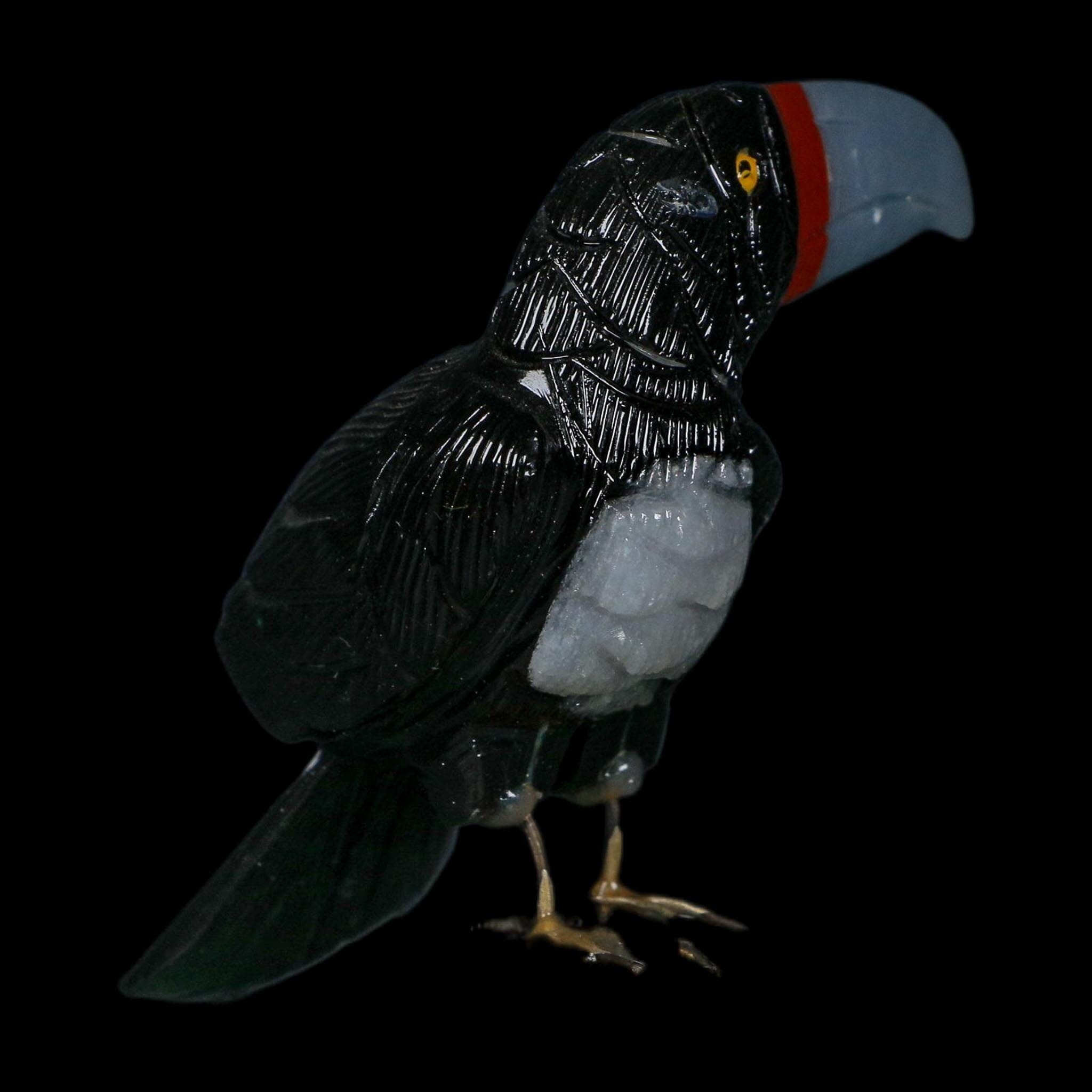 4.9" Hand Carved Tucan Perched on Pyrite, Back Calcite, And Blue Calcite Peru - Fossil Age Minerals