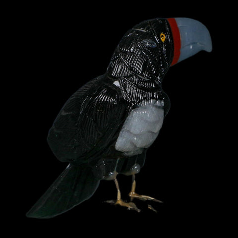 4.9" Hand Carved Tucan Perched on Pyrite, Back Calcite, And Blue Calcite Peru - Fossil Age Minerals